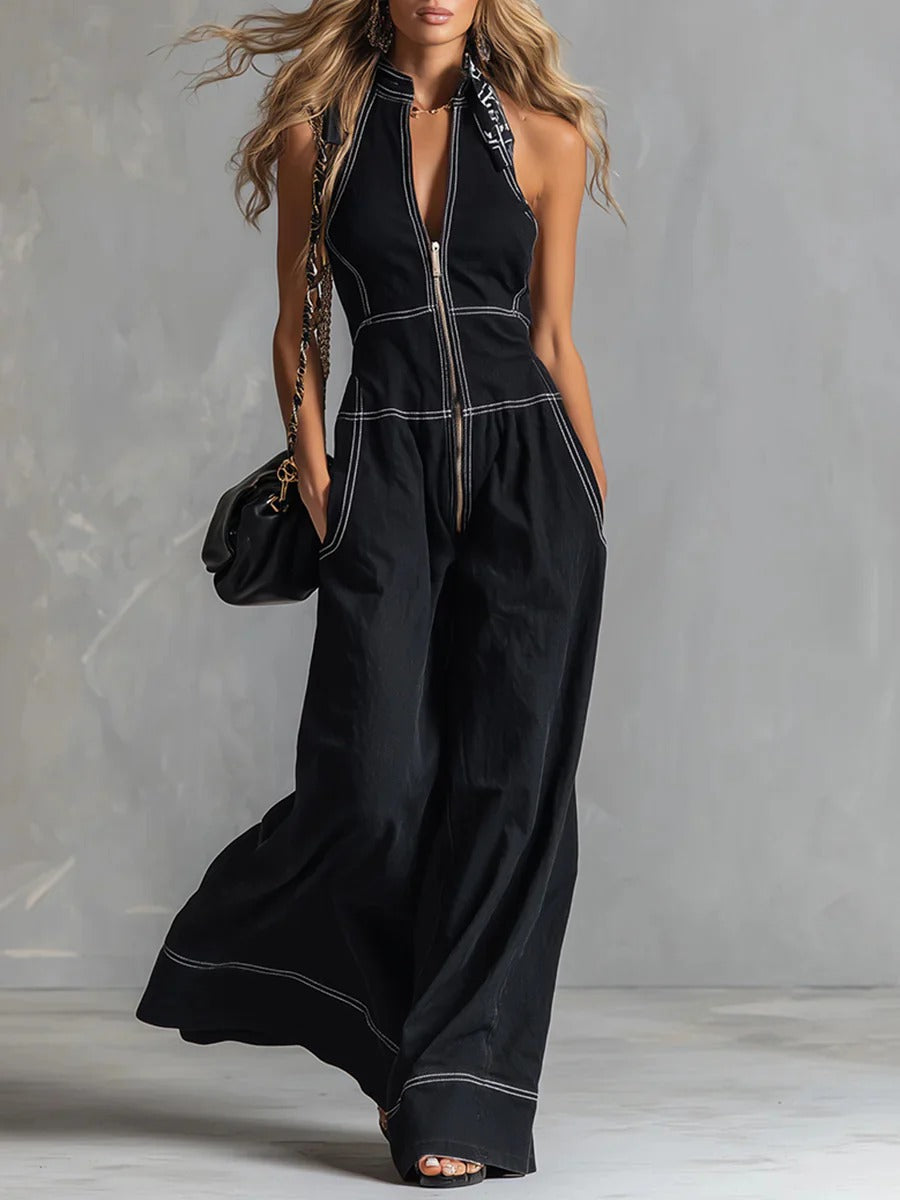 Casual Zippered Cotton Jumpsuit