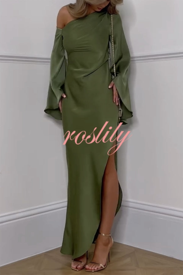 Zayla Satin Asymmetrical One Shoulder Bell Sleeve Slit Maxi Dress