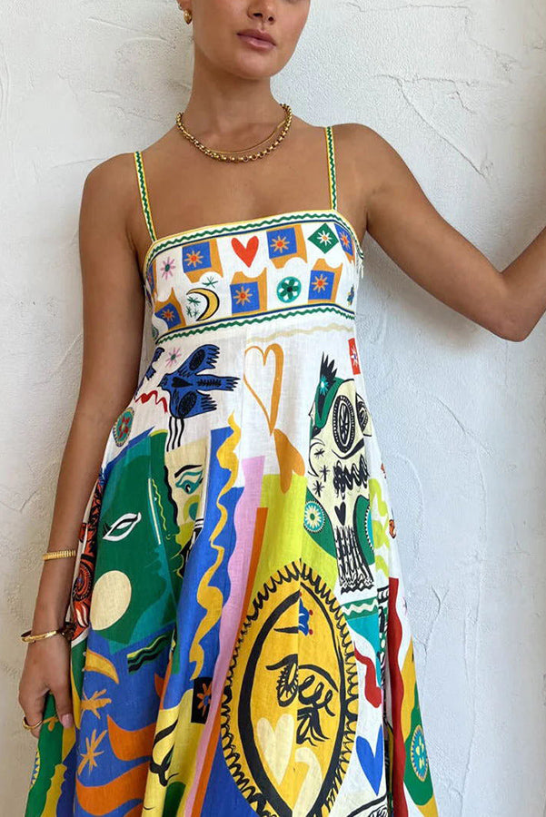 Joyful Glow Goddess Linen Blend Unique Print Pocketed Smocked Back Midi Dress