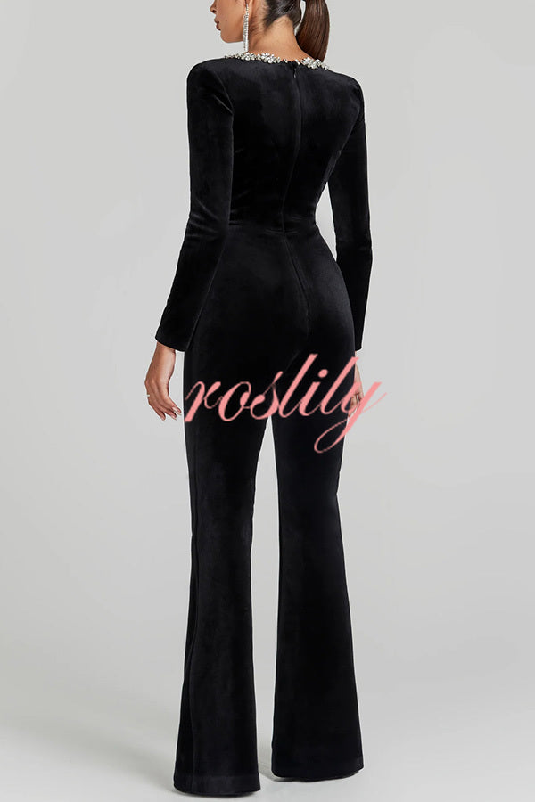 Classic Charm Velvet Jewel Embellished Trim Long Sleeve Flare Jumpsuit