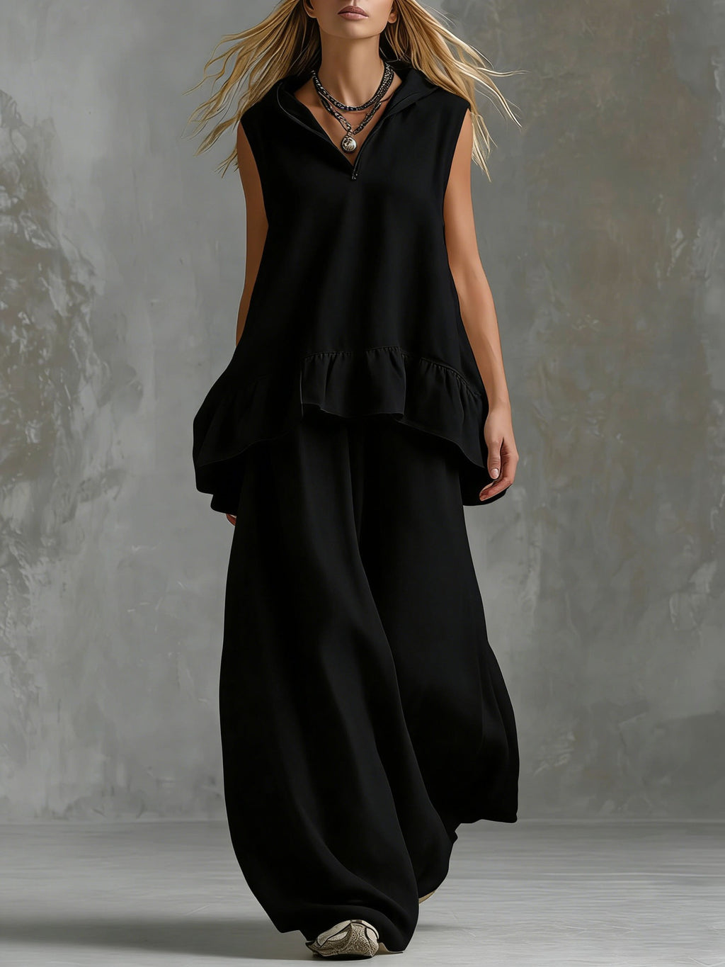 Boho Linen Hooded Two-Piece Outfit - Flowy Ruffle Top & Wide Leg Pants