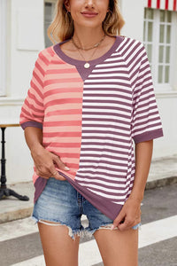 Striped Color Block Print Crew Neck Short Sleeve Loose Top