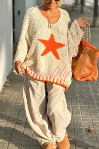 Warm Winter Day Texture Knit Star Pattern Contrast Color Loose Sweater