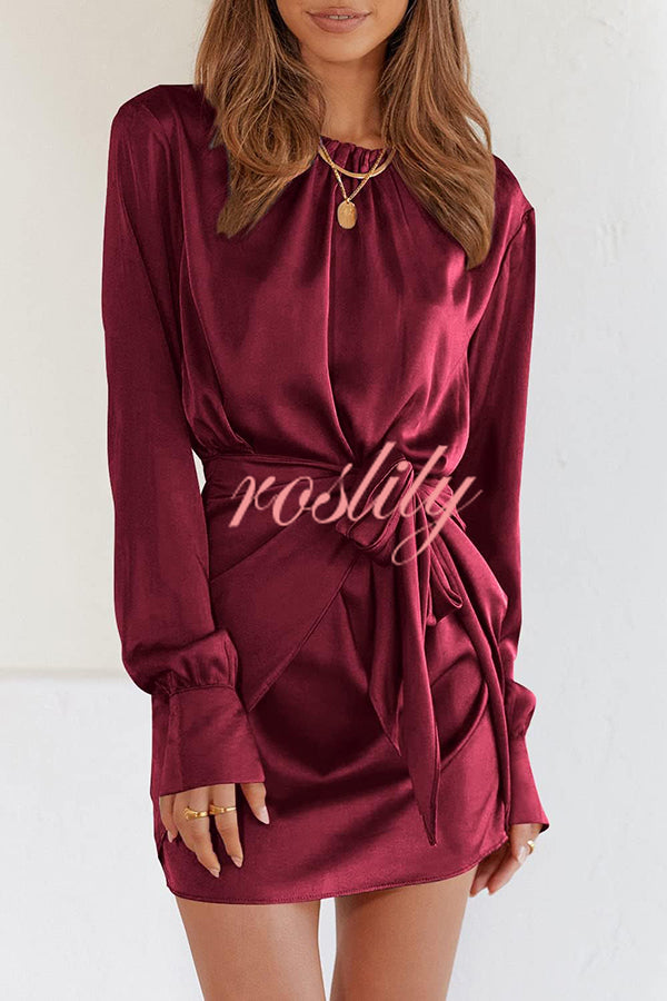 Satin Round Neck Long Sleeve Elastic Tie Mini Dress