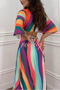 Wilma Unique Print Cutout Elastic Waist Tie-up Kimono Sleeve Maxi Dress