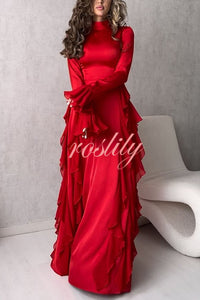 Cline Solid Color High Neck Long Sleeve Elegant Ruffles Maxi Dress