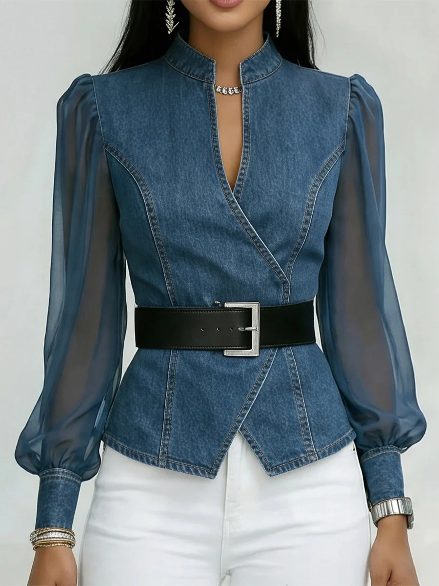 Chic Denim Wrap Blouse With Sheer Puff Sleeves
