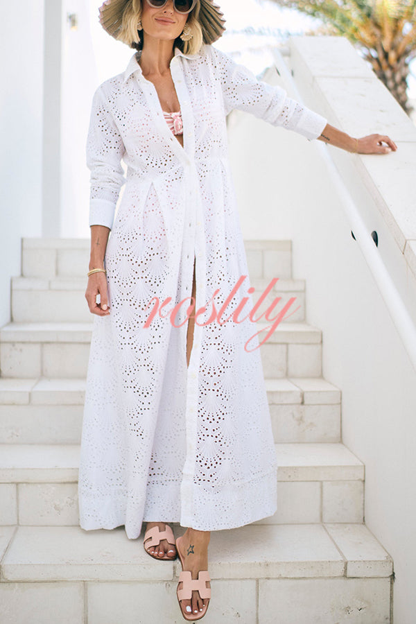 Summer Elegance Lace Eyelet Button Up Long Sleeve Shirt Maxi Dress