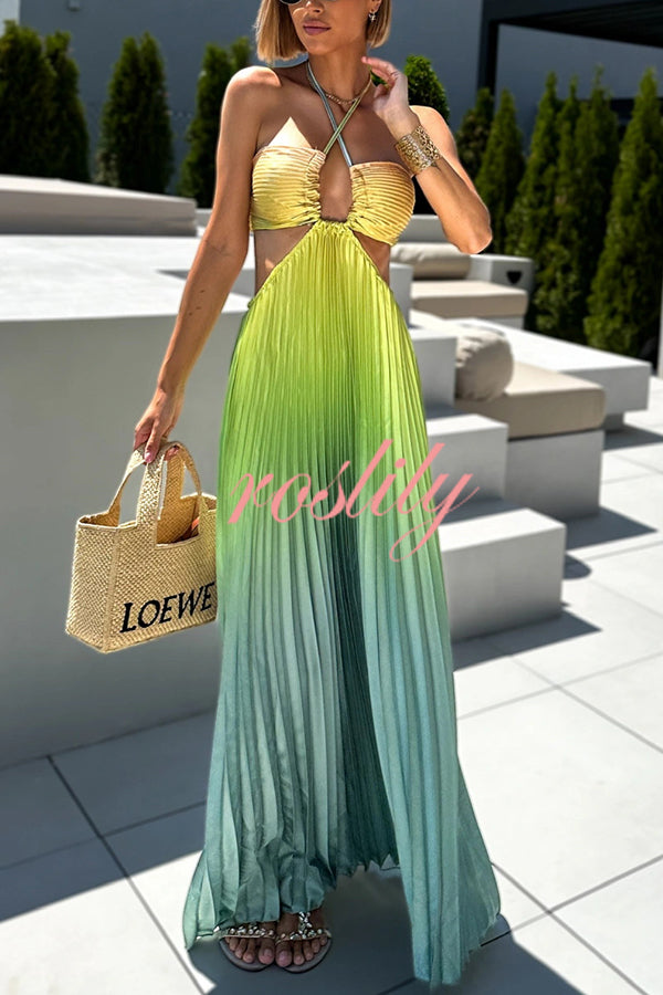 Get Ready Beautiful Gradient Print Cutout Halterneck Pleated Maxi Dress