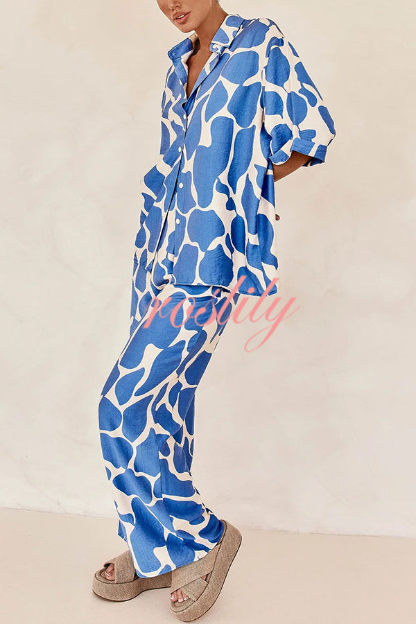 Lazy Beach Days Unique Print Short Sleeve Loose Shirt and Elastic Waist Pants Set