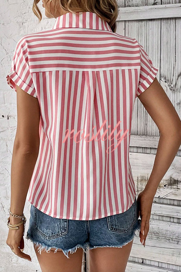 Striped Print Short Sleeve Pocket Shirt Top