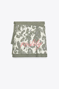 Blend Into Leaves Linen Blend Unique Print Long Sleeve Blouse and Wrap Tie-up Mini Skirt Set