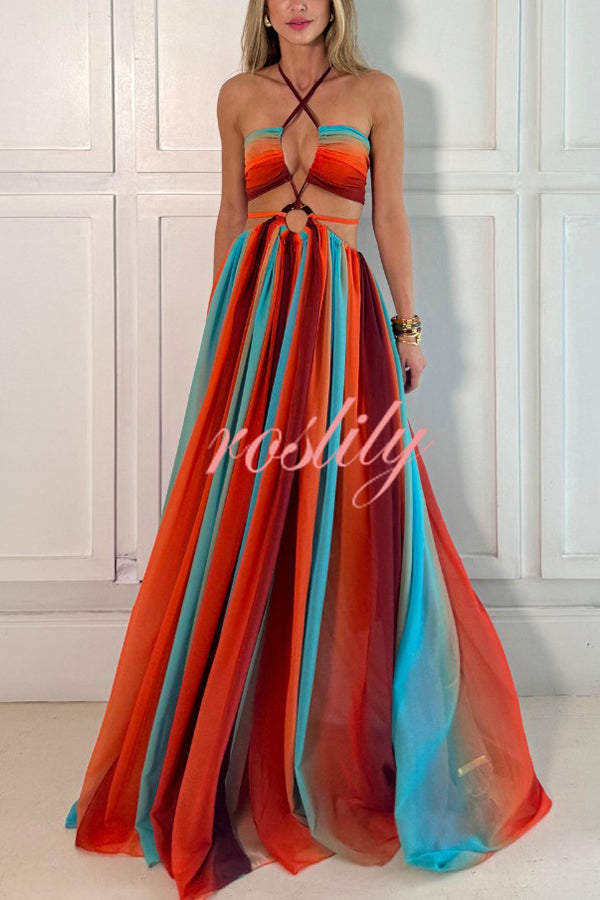 Variety of Styles Tulle Printed Ring Hollow Design Slit Vacation Maxi Dress