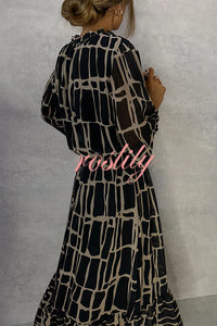 Unique Printed V-neck Tie-up Waist Long-sleeve Maxi Dress