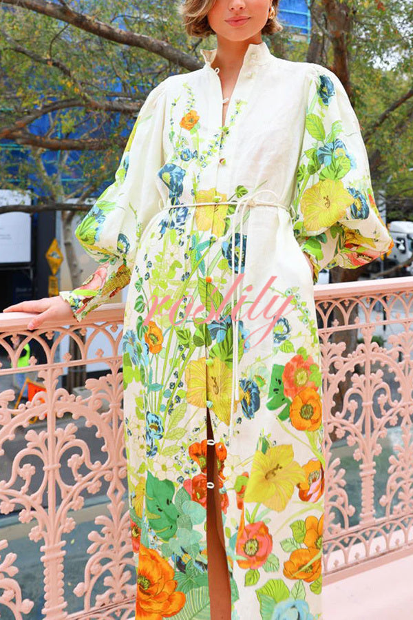 Summer Party Floral Print Balloon Sleeve Pocketed Belt Shirt Midi Dress