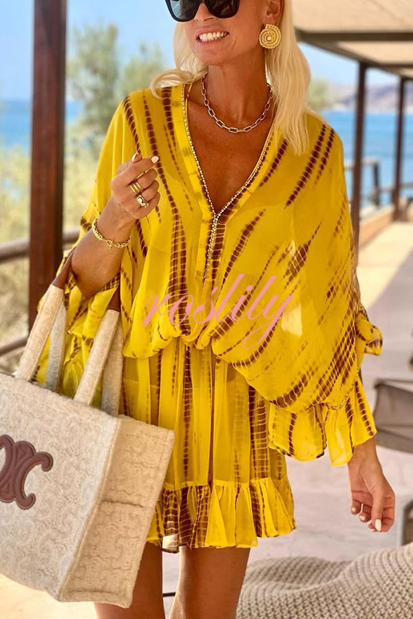 Lemon Flavor Tie Dye Ruffle Batwing Sleeve Elastic Waist Kaftan Mini Dress