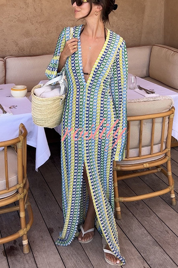 Bondi Beach Knit Colorful Wave Print Long Sleeve Vacation Maxi Dress