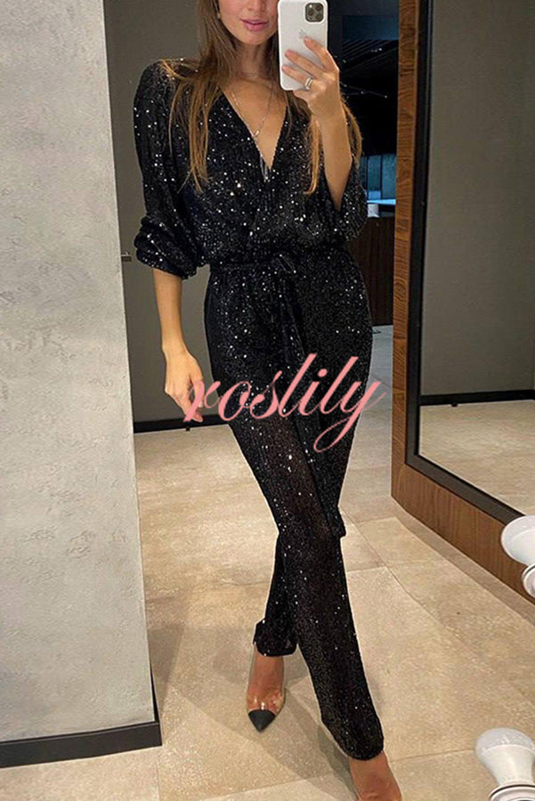 Cheers To You Sequin Long Sleeve Belted Wrap Loose Jumpsuit