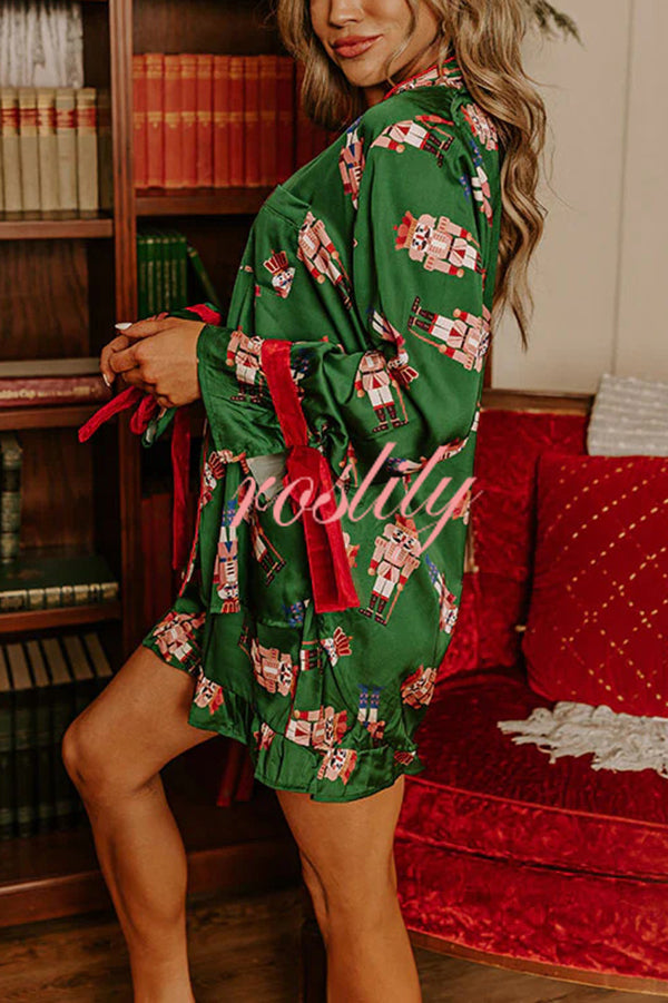 Christmas Dreaming Satin Nutcrackers Print Velvet Trim Elastic Waist Pocketed Pajama Shorts Set