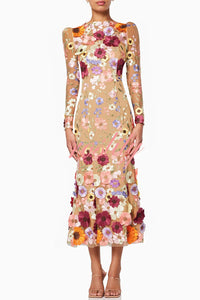 Dignified and Refined Charm Embroidered Floral Applique Long Sleeve Fish Tail Midi Dress