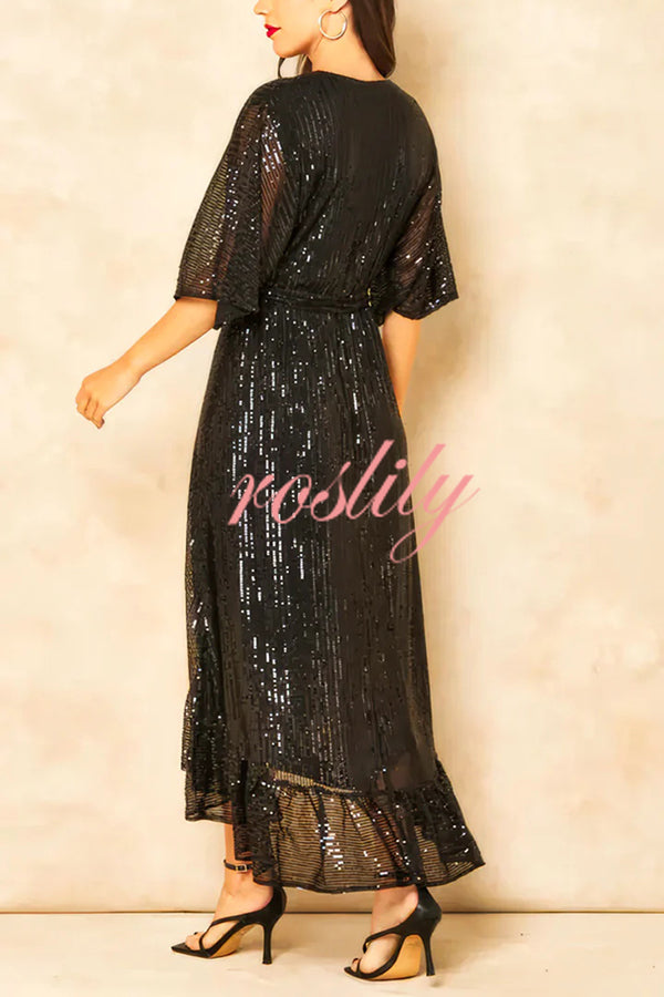 Solid Color Sequined V-neck Waist Tie Loose Maxi Dress