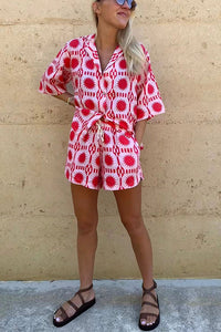 Brighten Any Day Linen Blend Sun World Printed Shirt and Elastic Waist Pocketed Shorts Set