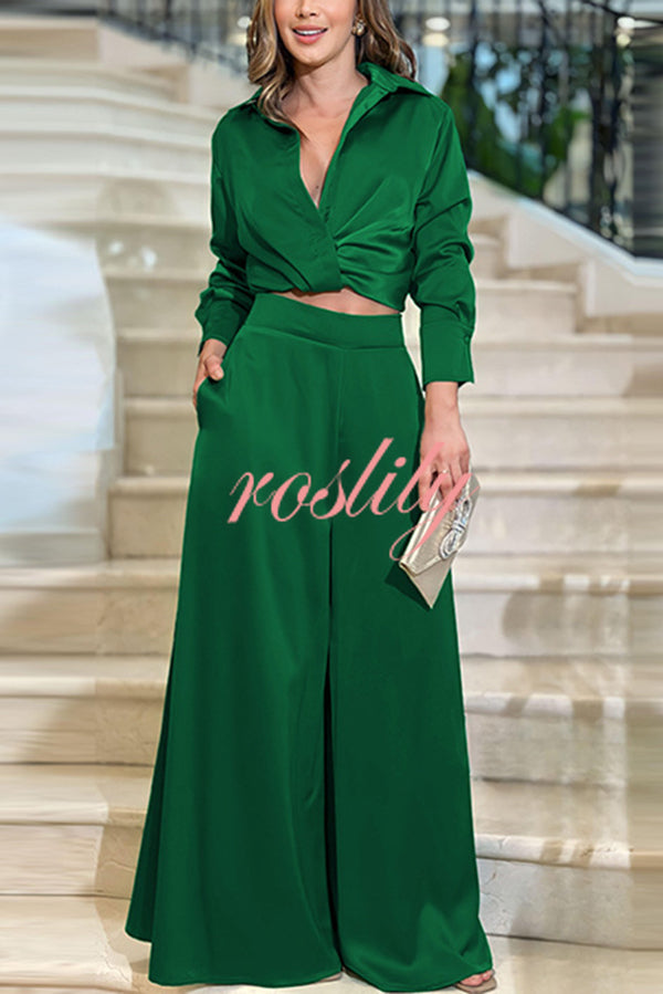 Satin Solid Color Lapel Long Sleeve Blouse and Loose-fitting Pocket Wide Leg Pants Set