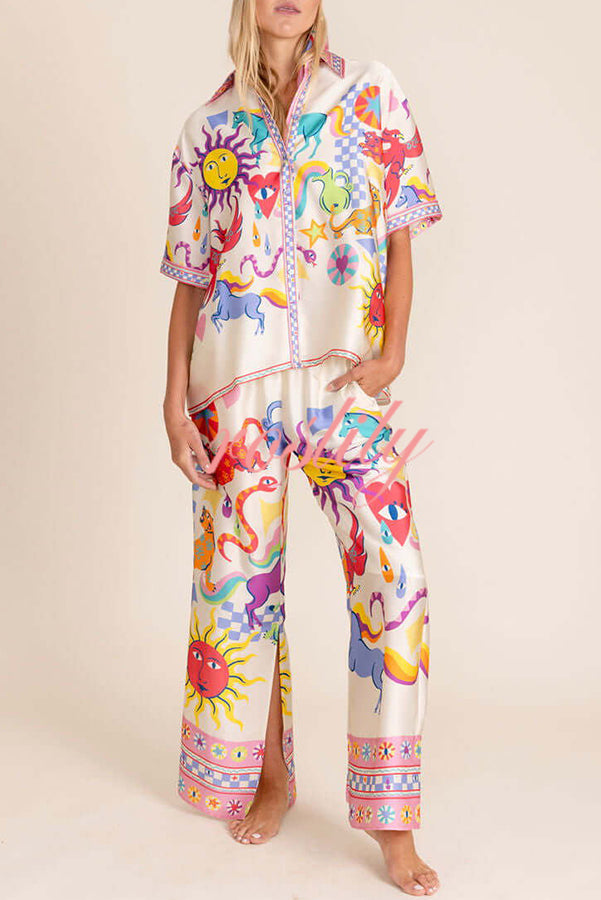 Colorful Vibes Satin Unique Print Short Sleeve Loose Shirt and Elastic Waist Pocket Slit Pants Set