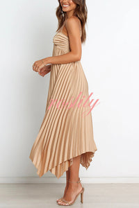 Solid Color Sexy Suspender Pleated Irregular Midi Dress