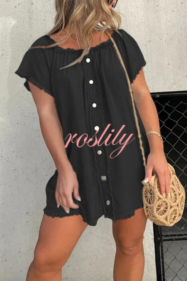 Fashionable Off Shoulder Short-sleeved Loose Denim Mini Dress