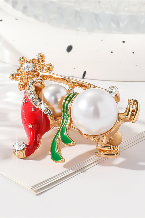 Christmas Snowman Diamond Pearl Ski Brooch