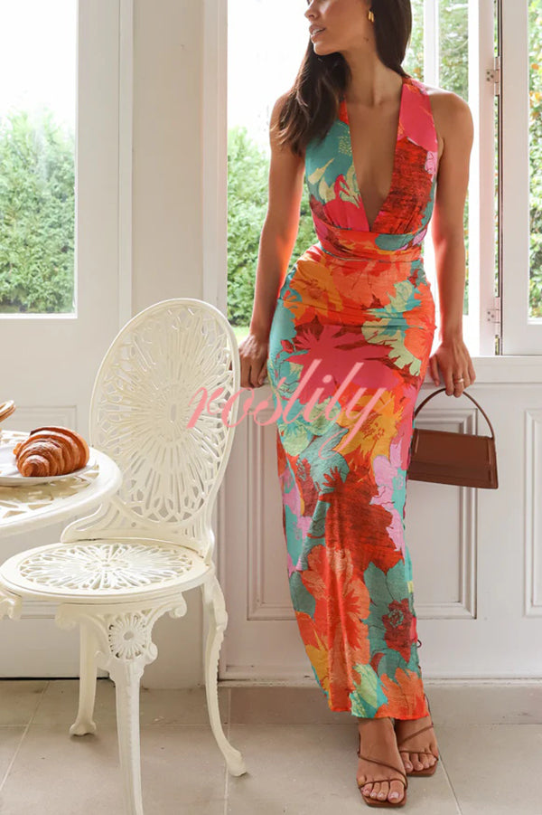 Unique Printed V-neck High Waisted Slit Maxi Dress