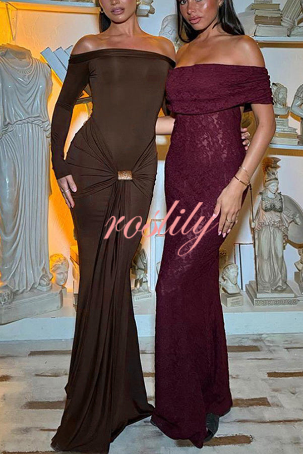 Naia Off Shoulder Long Sleeve Metal Buckle Adjustment Drape Stretch Maxi Dress