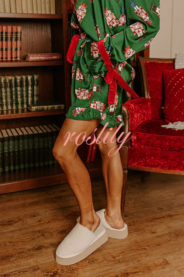 Christmas Dreaming Satin Nutcrackers Print Velvet Trim Elastic Waist Pocketed Pajama Shorts Set