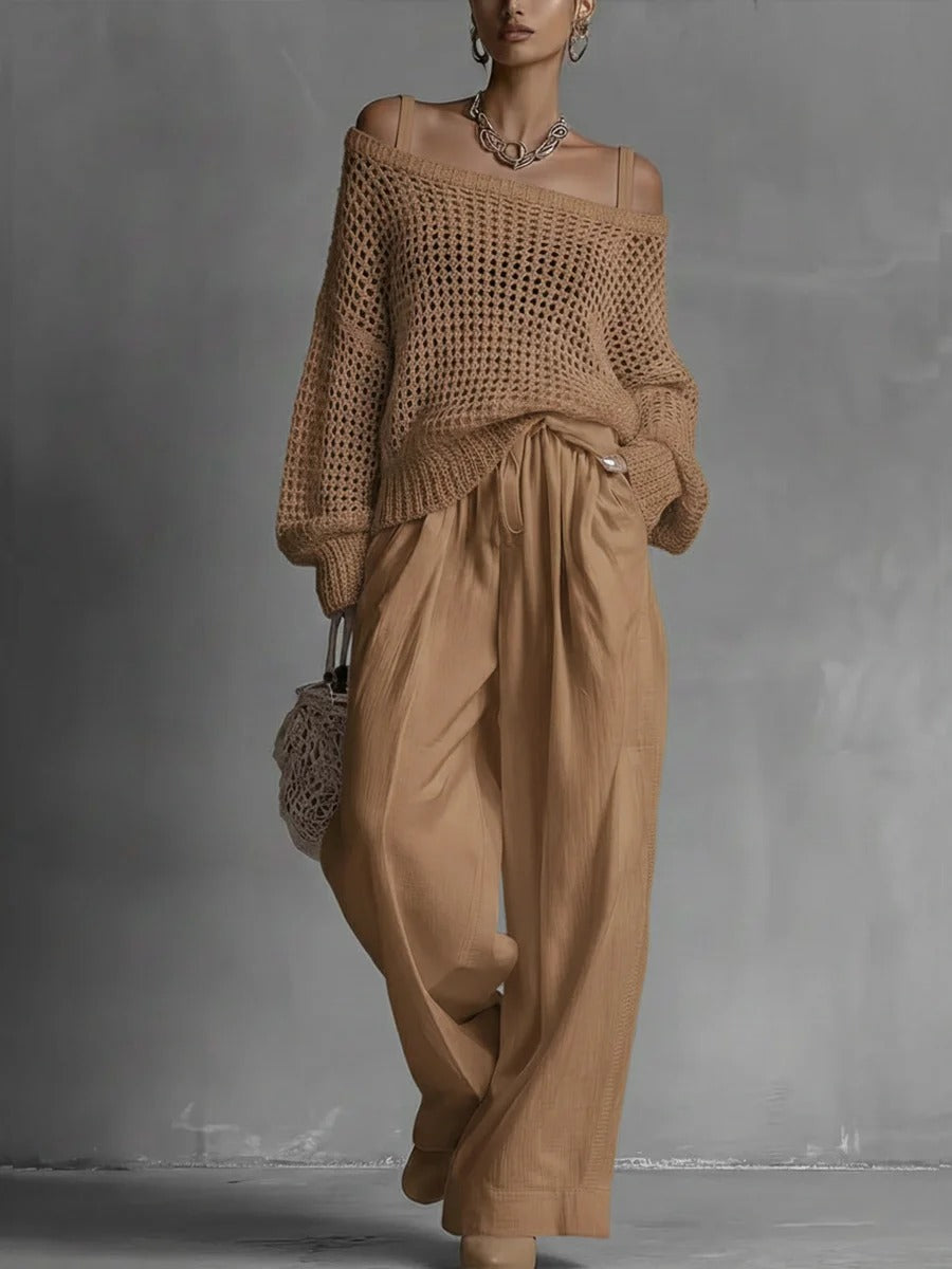 Luxe Open-Knit Top & Wide-Leg Pants Set