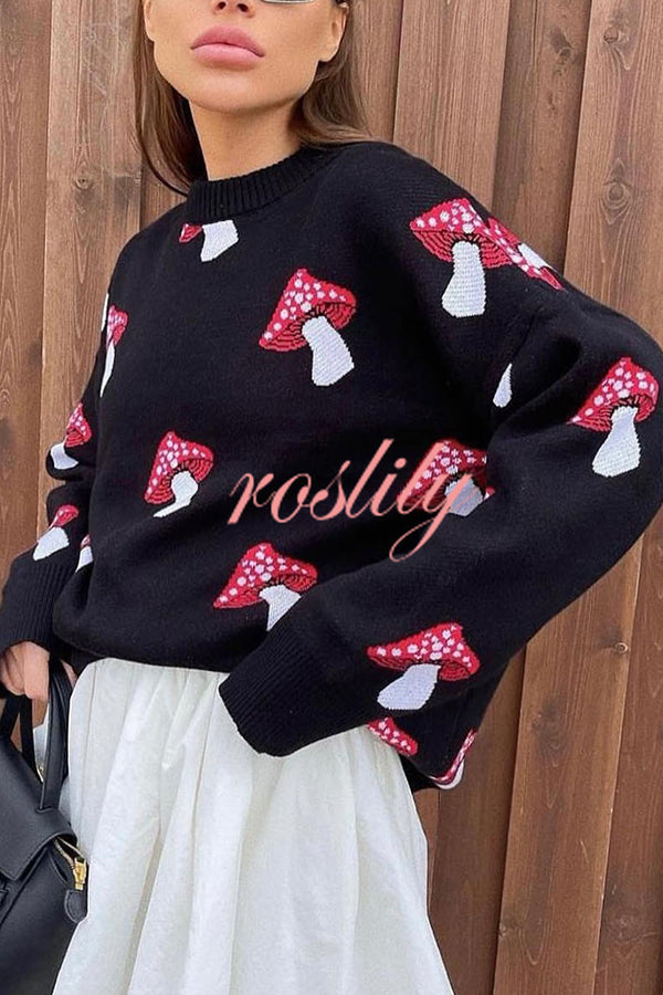 Mushroom Pattern Casual Loose Round Neck Knitted Sweater