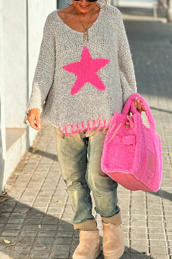 Warm Winter Day Texture Knit Star Pattern Contrast Color Loose Sweater