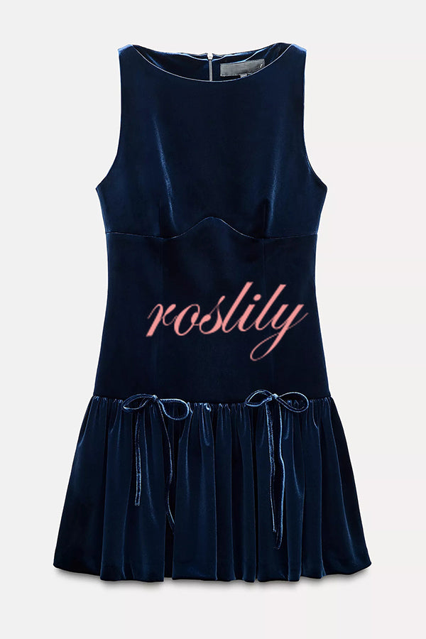 Solid Velvet Bow Embellished Sleeveless Mini Dress