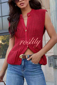 Solid Color Sleeveless Button Pocket Knit Vest