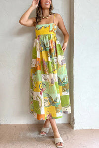 Dragon Family Printed Linen Blend Pocketed Back Knotted Midi Dress