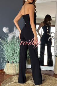 Solid Color Sexy Tube Top Gold Button Embellished Bootcut Jumpsuit