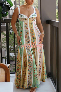 Sweet Garden Linen Blend Color Block Floral Paneled Maxi Dress