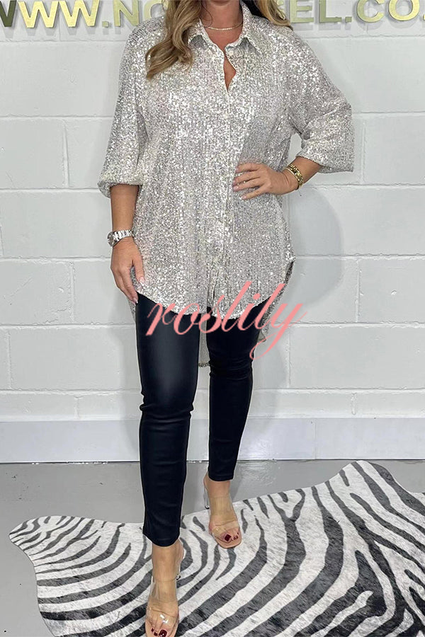 Party Season Solid Color Sequin Button Long Sleeve High Low Shirt