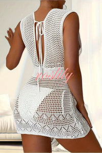 Sexy Sleeveless V-Neck Tie-Back Knit Cover-Up Mini Dress