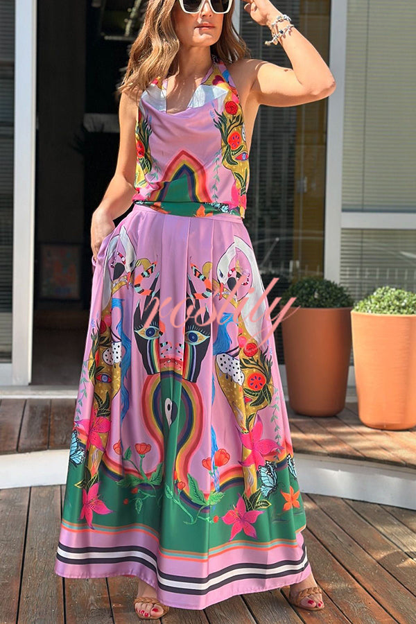 Evangeline Satin Unique Print Back Tie-up Pocket Halter Maxi Dress