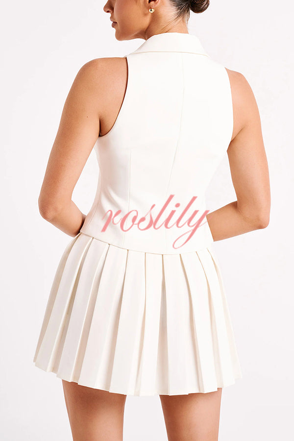 Sexy V-neck Sleeveless Vest and Pleated Mini Skirt Set