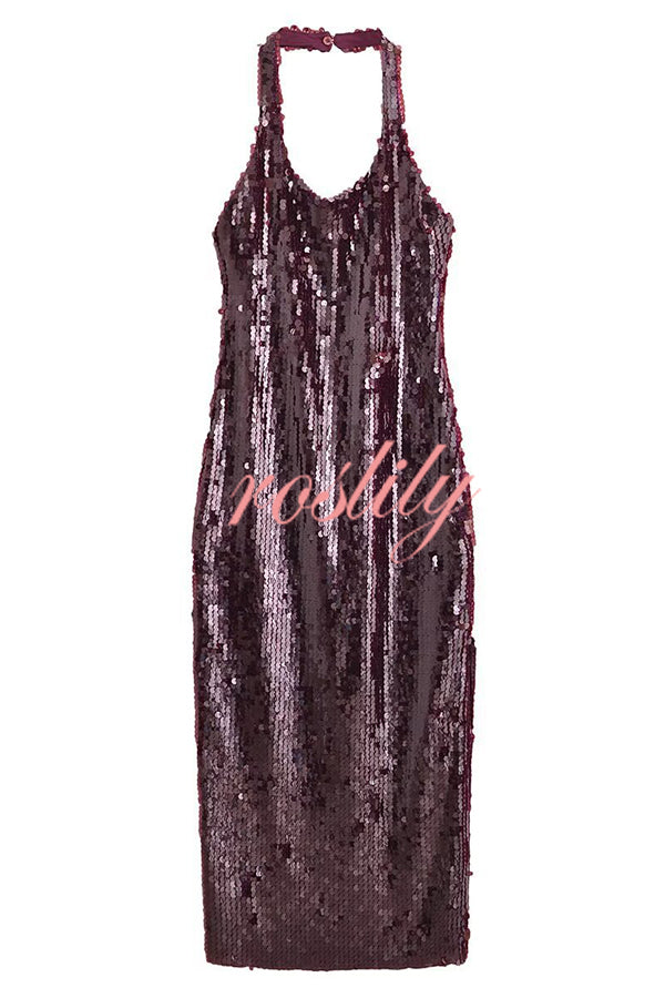 Night Glow Disc Sequin Halter Backless Slit Midi Dress