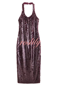 Night Glow Disc Sequin Halter Backless Slit Midi Dress