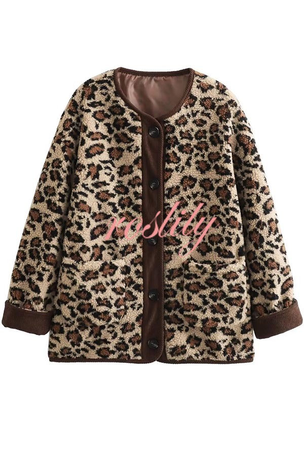 Warm Feel Colorblock Leopard Print Plush Button Up Pocketed Teddy Jacket