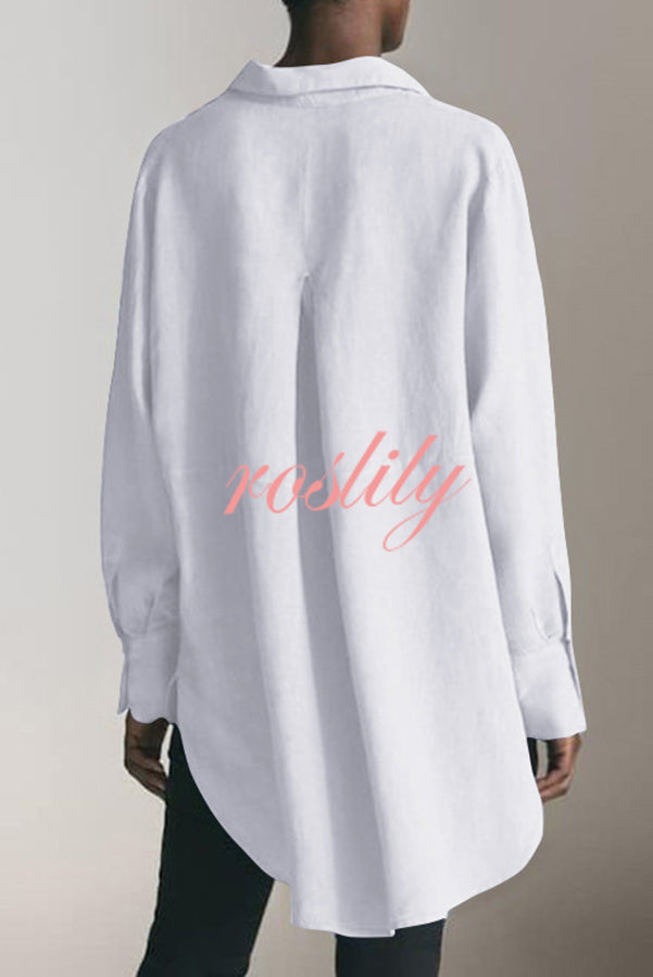 Reality Calling Linen Blend Solid Button Long Sleeve Loose Blouse